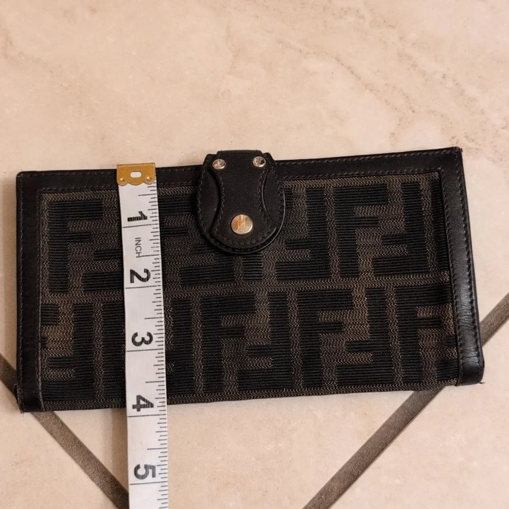 Authentic Fendi Brown Zucca Wallet Tri-Fold Long Brown Leather Canvas AF52695